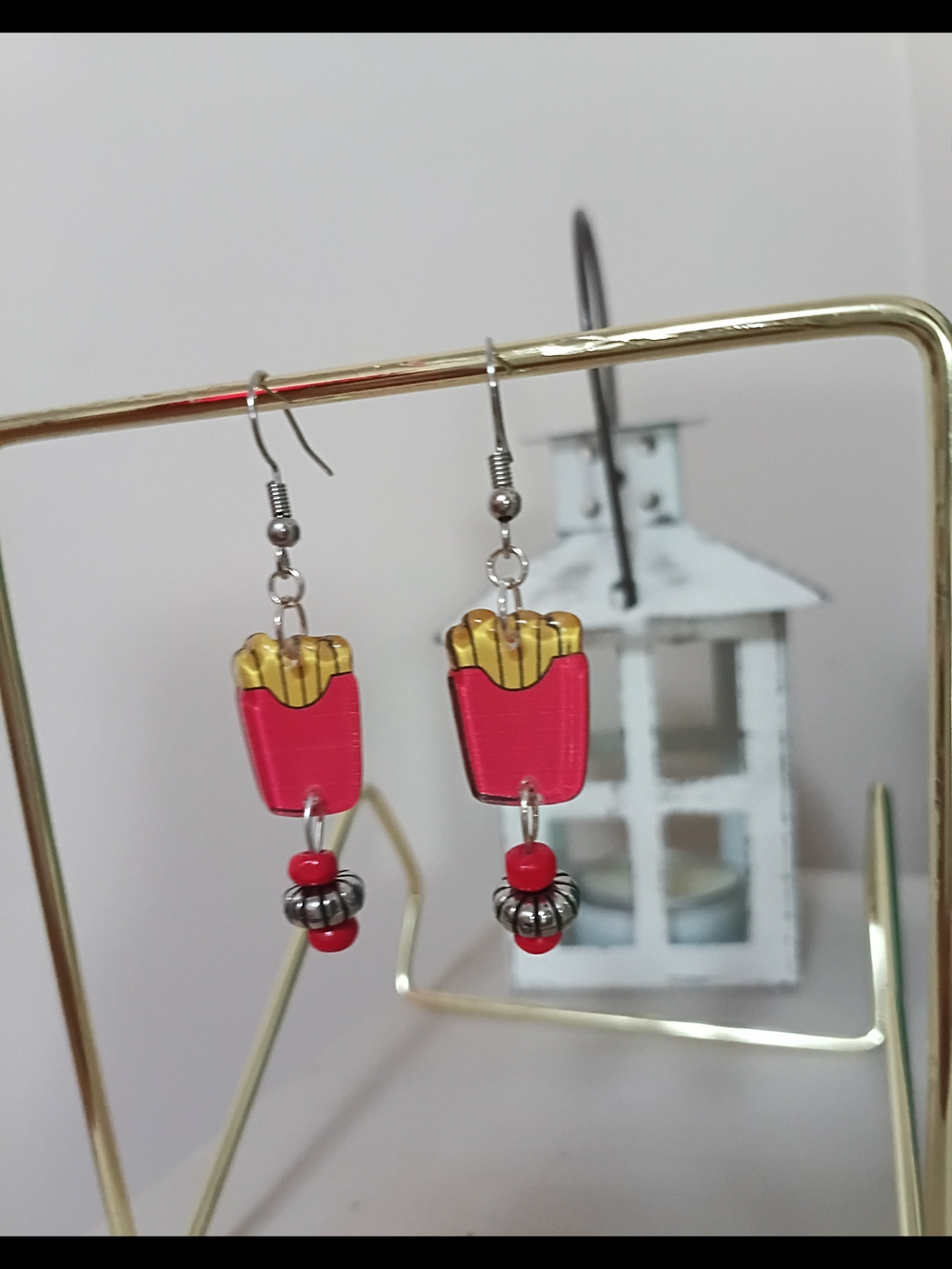 Novelty French Fry Dangle Earrings - Red & Gold